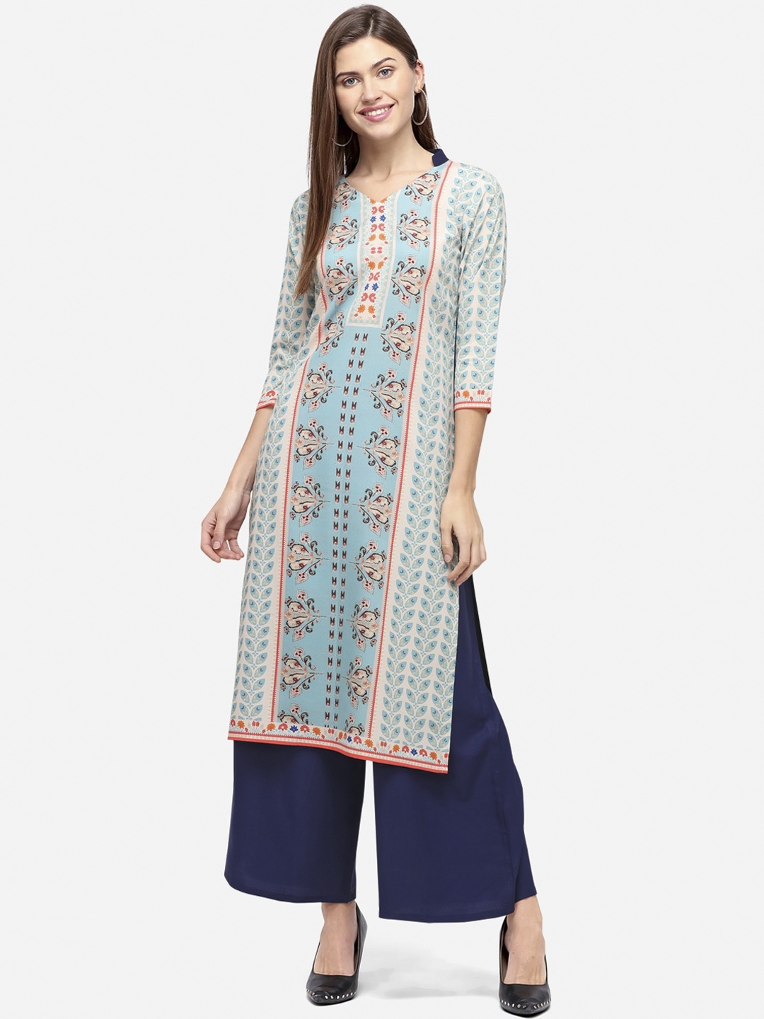 

SANISA Women Blue Ethnic Motifs Printed Crepe Handloom Crepe Kurta