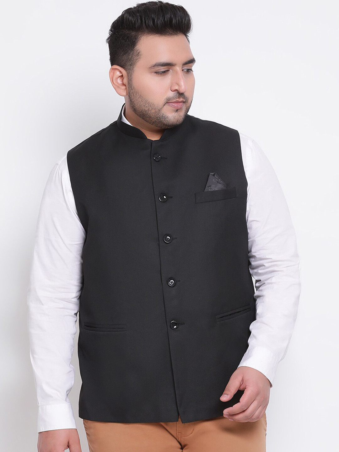 

Hangup Men Black Solid Woven Plus Size Nehru Jacket