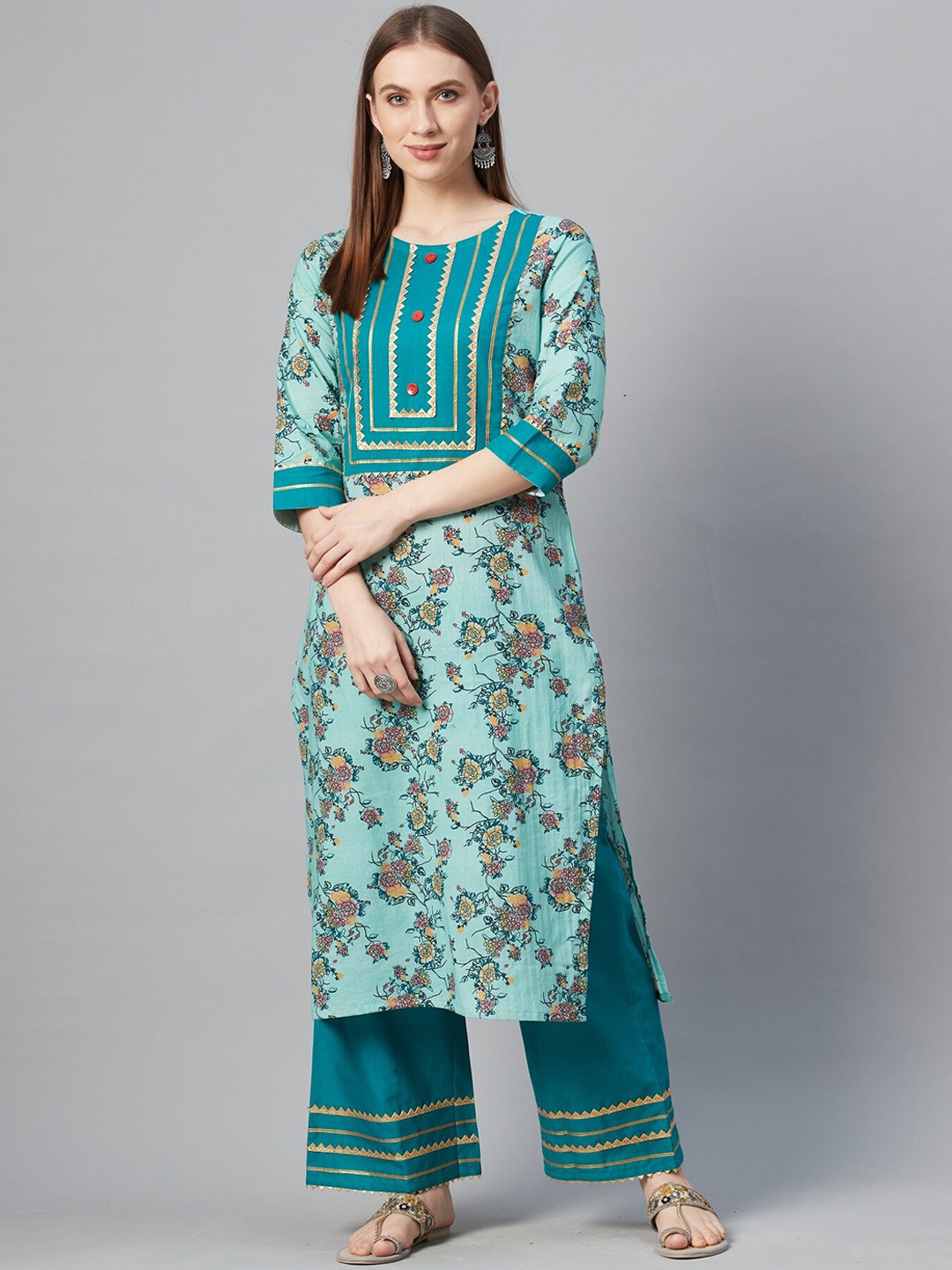 

ZIYAA Women Turquoise Blue Floral Printed Pure Cotton Kurta with Palazzos
