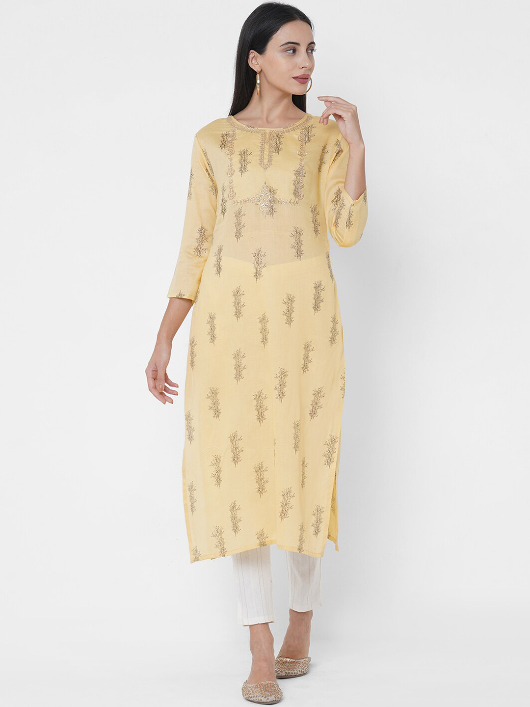 

FASHOR Women Yellow Floral Embroidered Kurta with Trousers