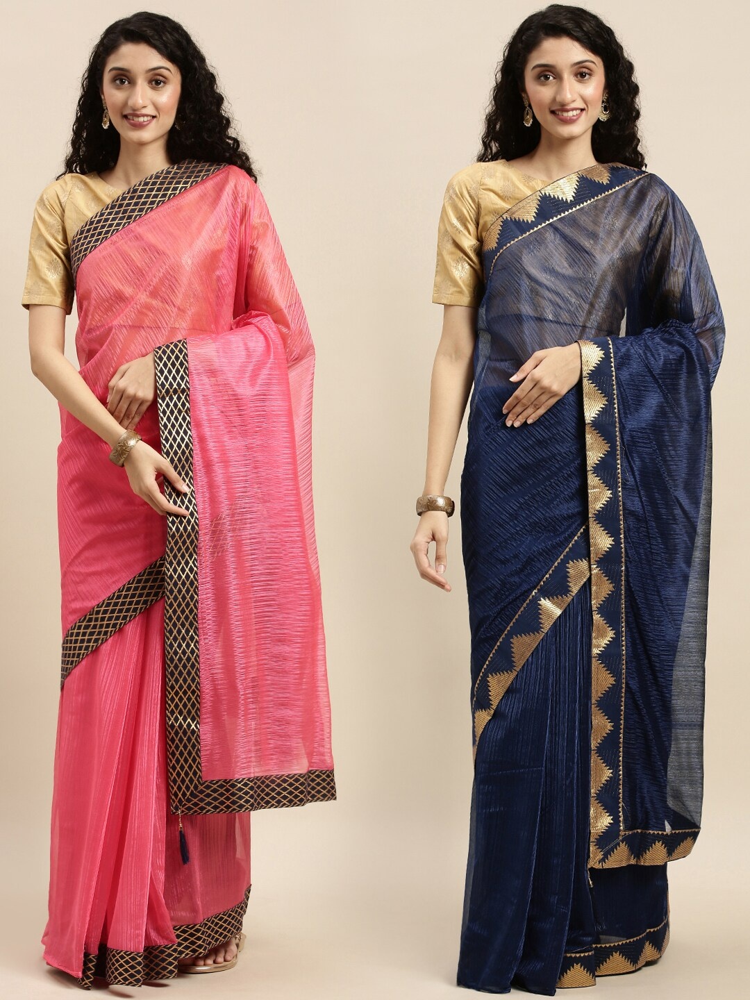 

KALINI Set of 2 Pink & Navy Blue Art Silk Sarees