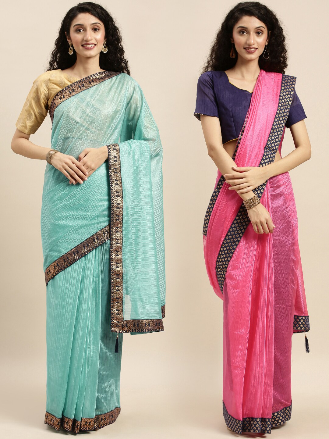 

KALINI Pack Of 2 Sea Green & Pink Art Silk Sarees