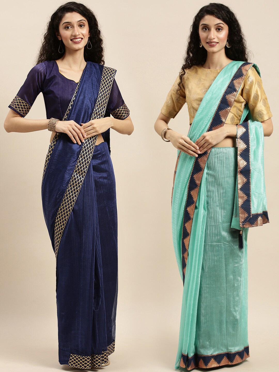 

KALINI Pack of 2 Navy Blue & Sea Green Art Silk Saree