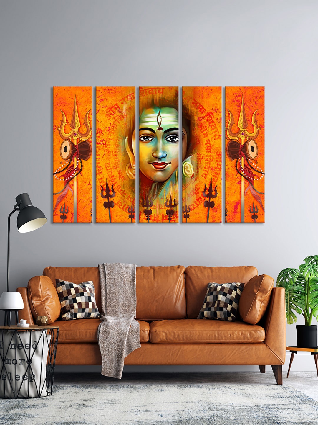 

999Store Set Of 5 Yellow & Orange Lord Shiva With Message Om Namah Shivaya Mural Wall Art Frames