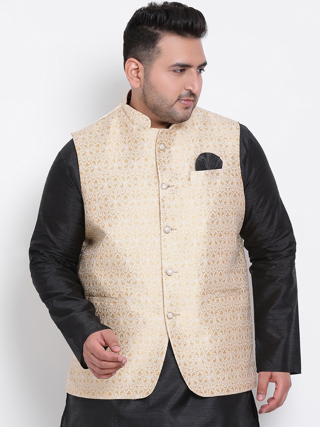 

Hangup Men Cream-Colored & Gold-Colored Woven-Design Nehru Jacket