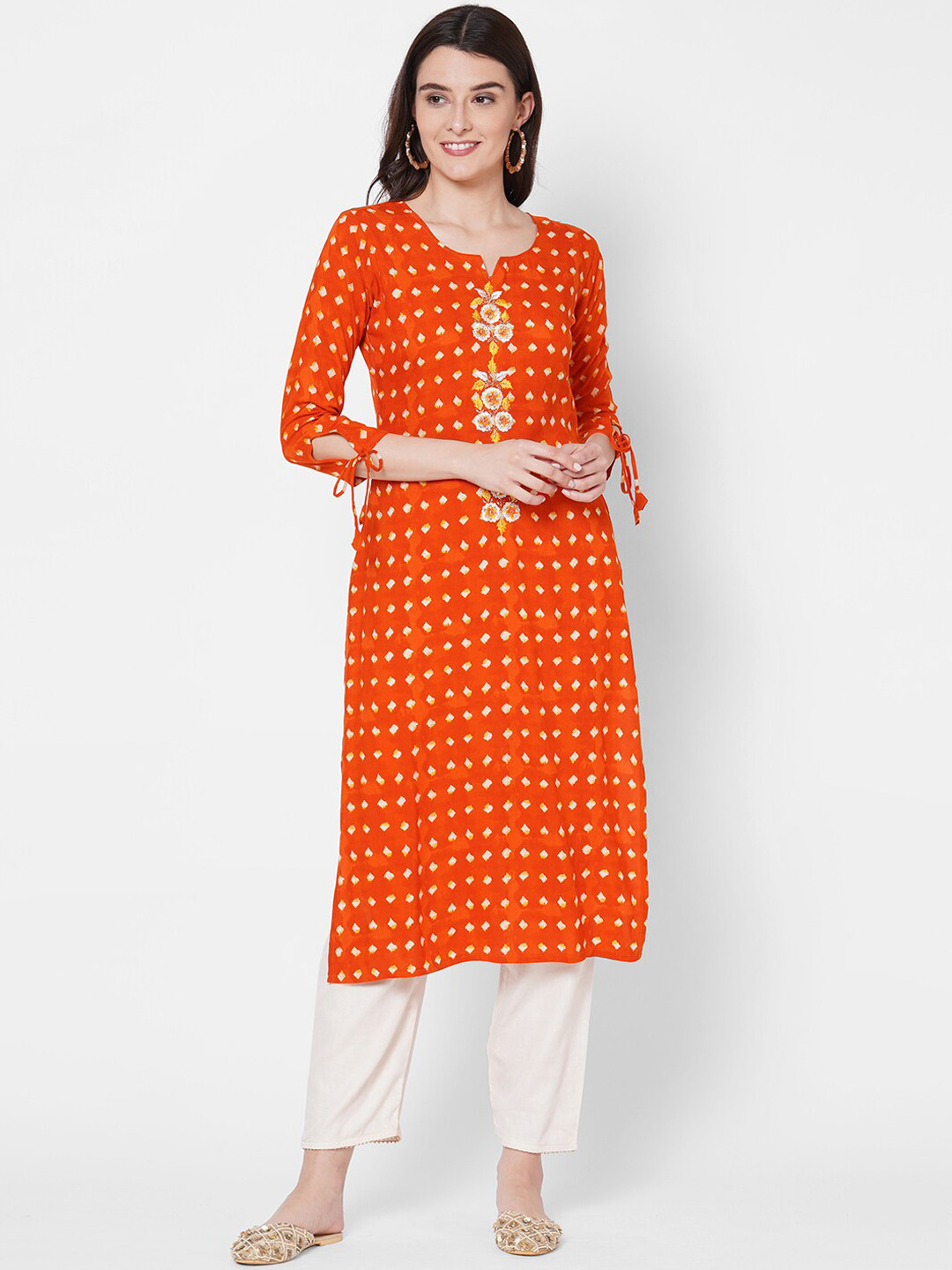 

FASHOR Women Orange & Yellow Ethnic Motifs Embroidered Thread Work Kurta
