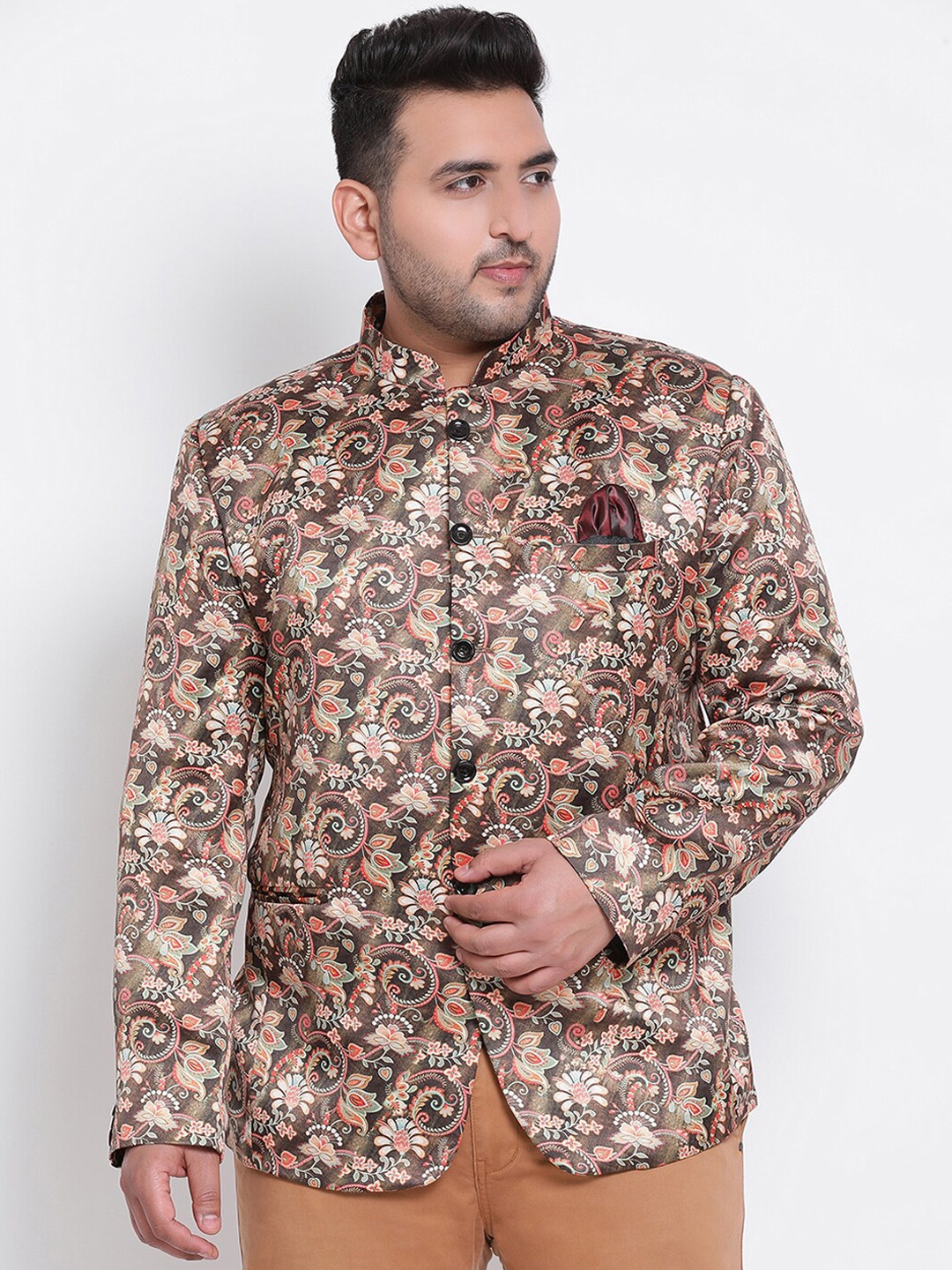 Hangup Men Brown & Beige-Coloured Printed Bandhgala Blazer
