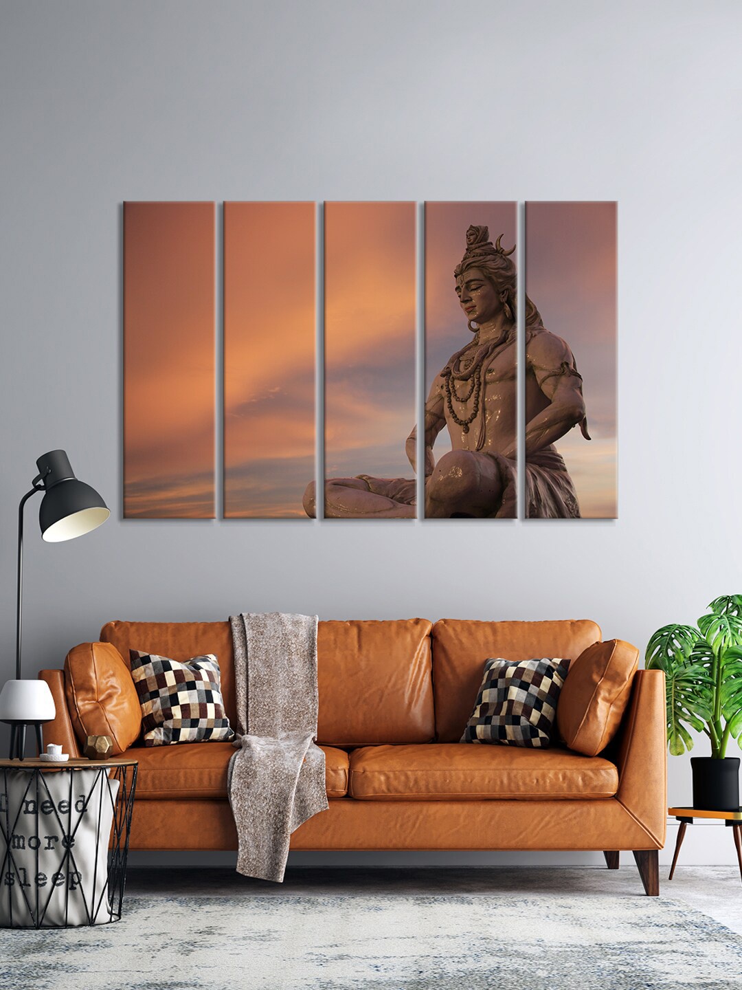 

999Store Set Of 5 Brown & Orange Sitting Lord Shiv Ji Mahadev Printed Wall Paintings