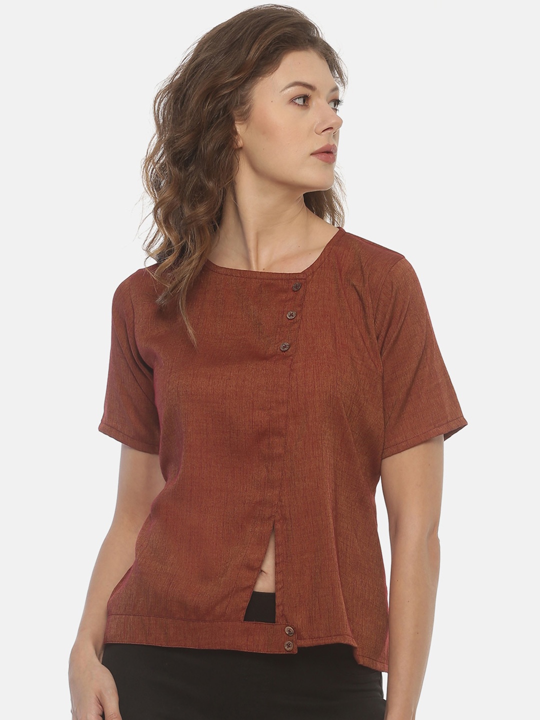 

COUPER & COLL Women Rust Brown Solid Pure Cotton Regular Top