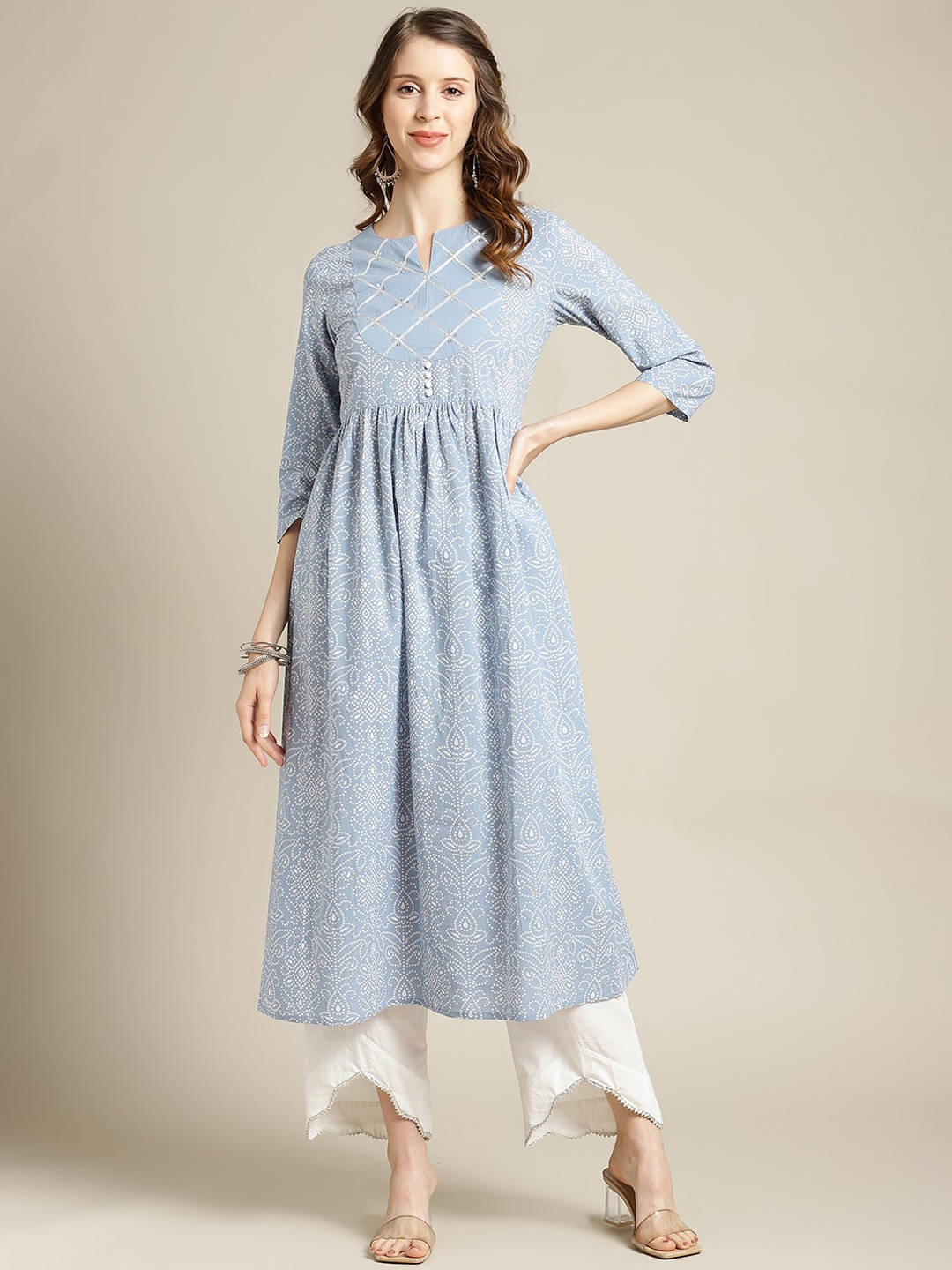 

Varanga Women Blue & White Bandhani Screen Printed Gotta Patti Yoke Design Anarkali Kurta