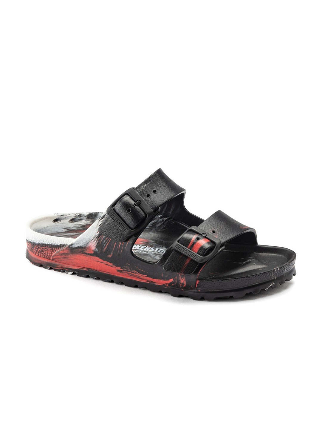 

Birkenstock Unisex Black & Red Narrow Width Arizona Essentials Sliders