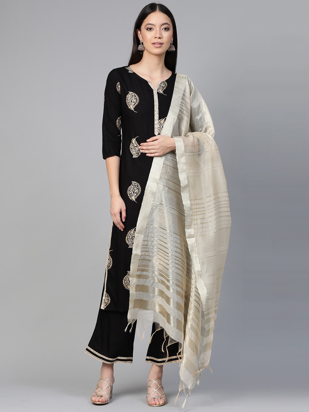 

Indo Era Women Black Foil Floral Printed Straight Kurta with Palazzo & Dupatta Set
