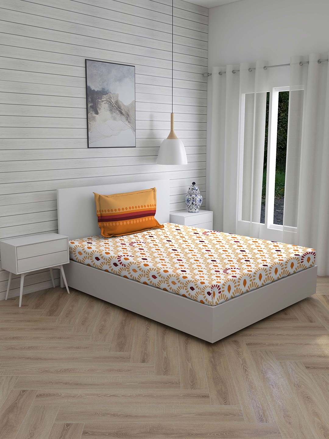 

Layers White & Camel Brown Geometric 144 TC Single Bedsheet with 1 Pillow Covers
