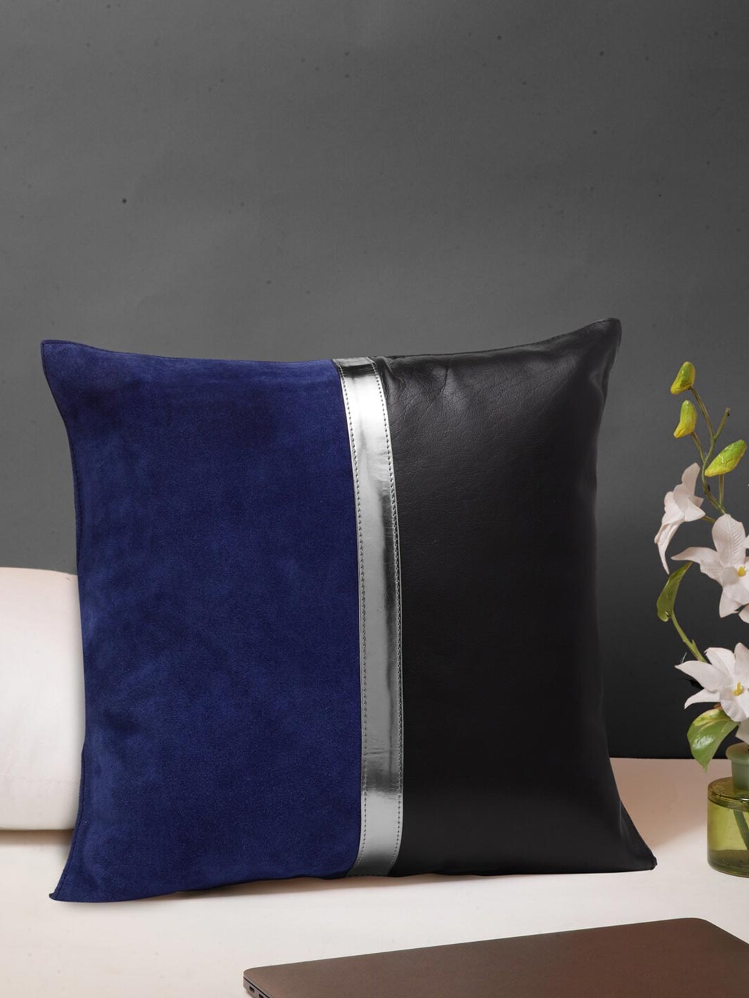 

IMUR Navy Blue & Black Colourblocked Leather Square Cushion Cover
