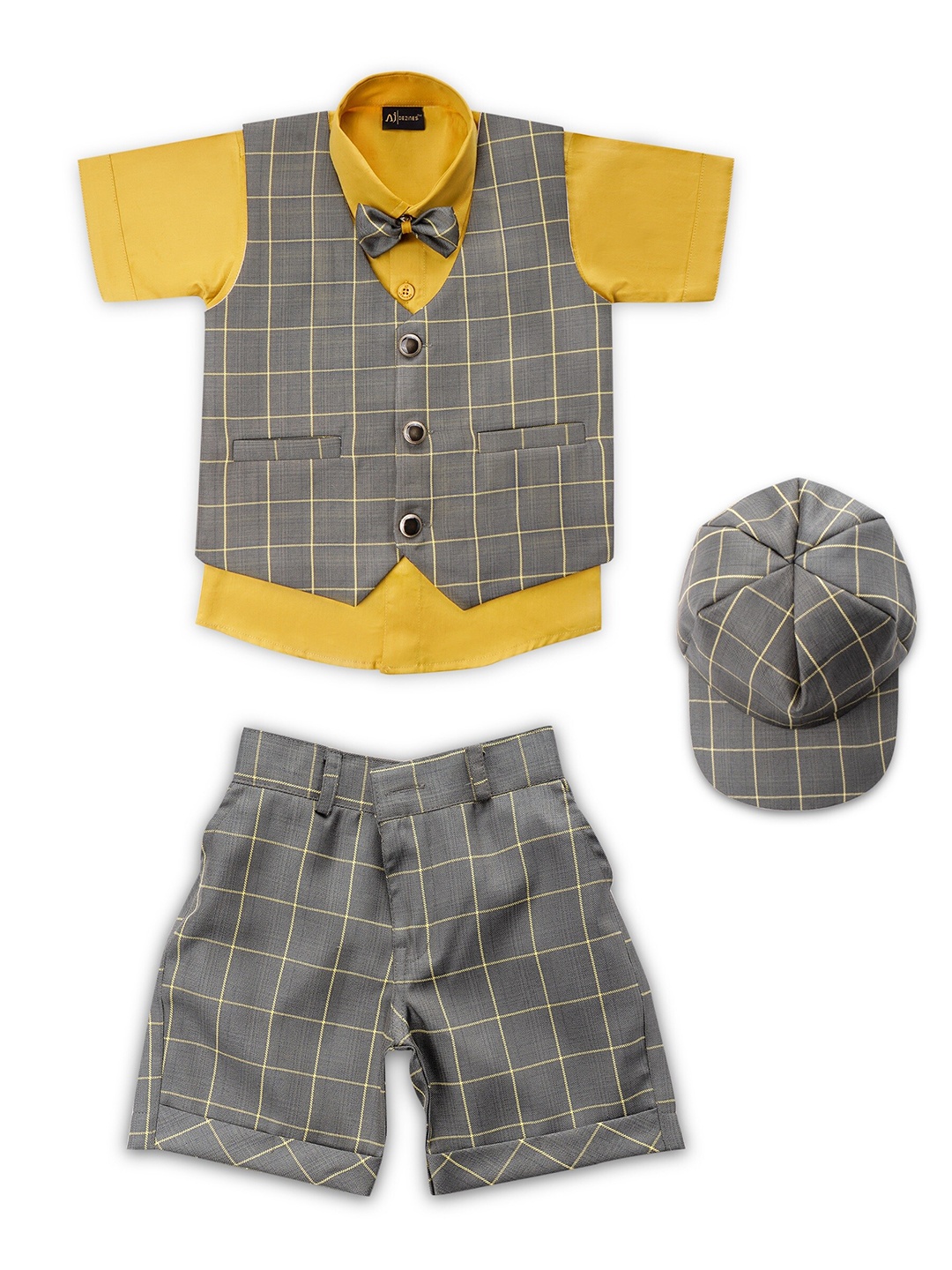 

Aj DEZInES Boys Mustard Yellow & Grey Shirt with Shorts & Waistcoat