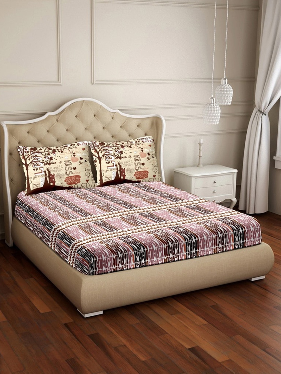 

BELLA CASA Pink & Brown Geometric 250 TC King Bedsheet with 2 Pillow Covers