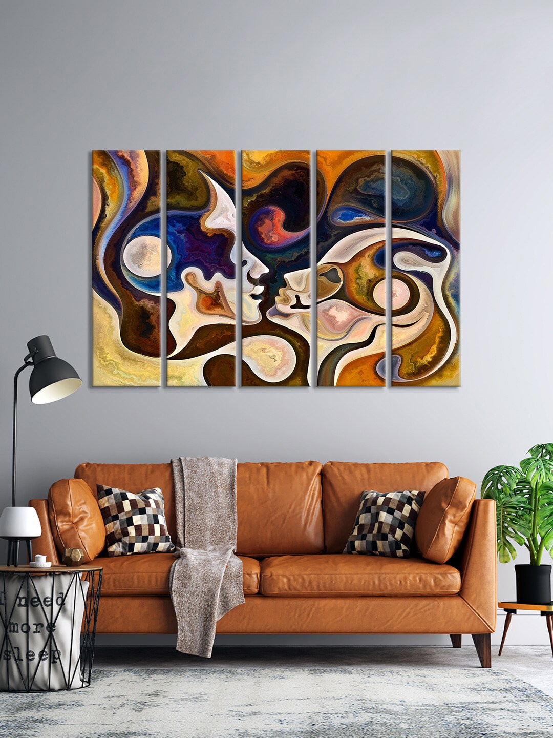 

999Store Set Of 5 Blue & Brown Abstract Of Female & Male Wall Art Frames, Beige