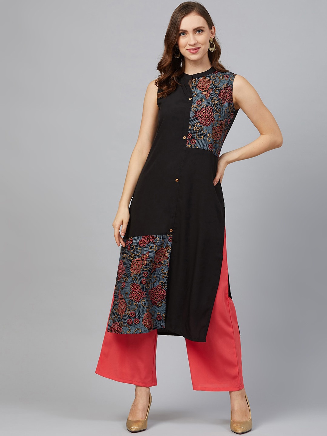 

ZIYAA Women Black & Blue Ethnic Motifs Printed Crepe Kurta