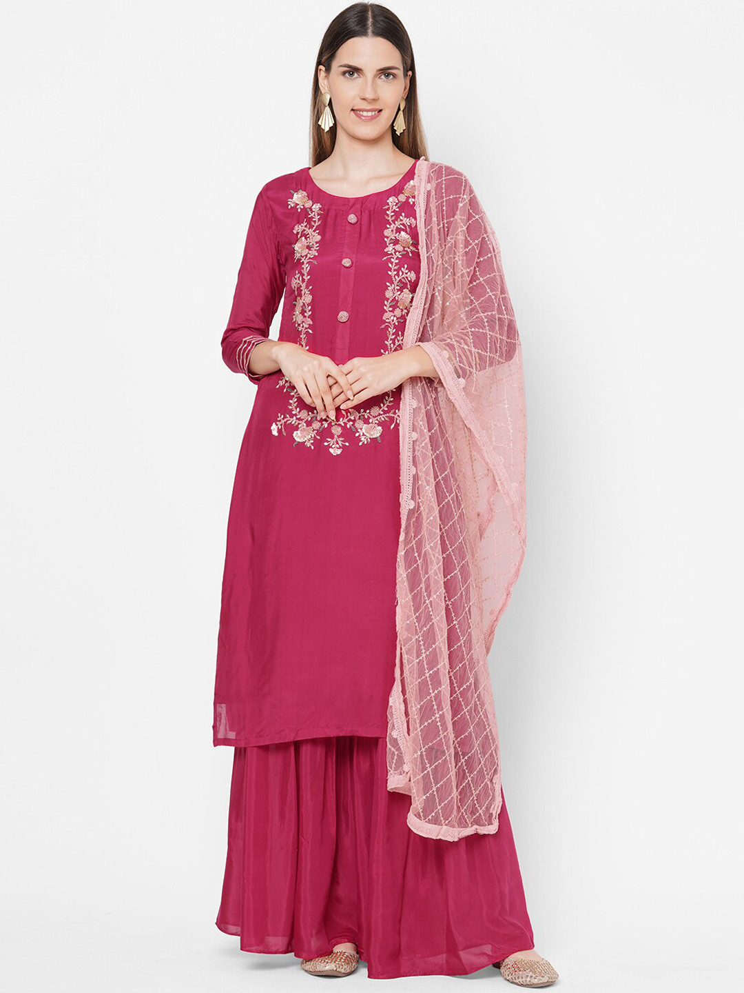 

FASHOR Women Pink Embroidered Kurti with Trousers & With Dupatta
