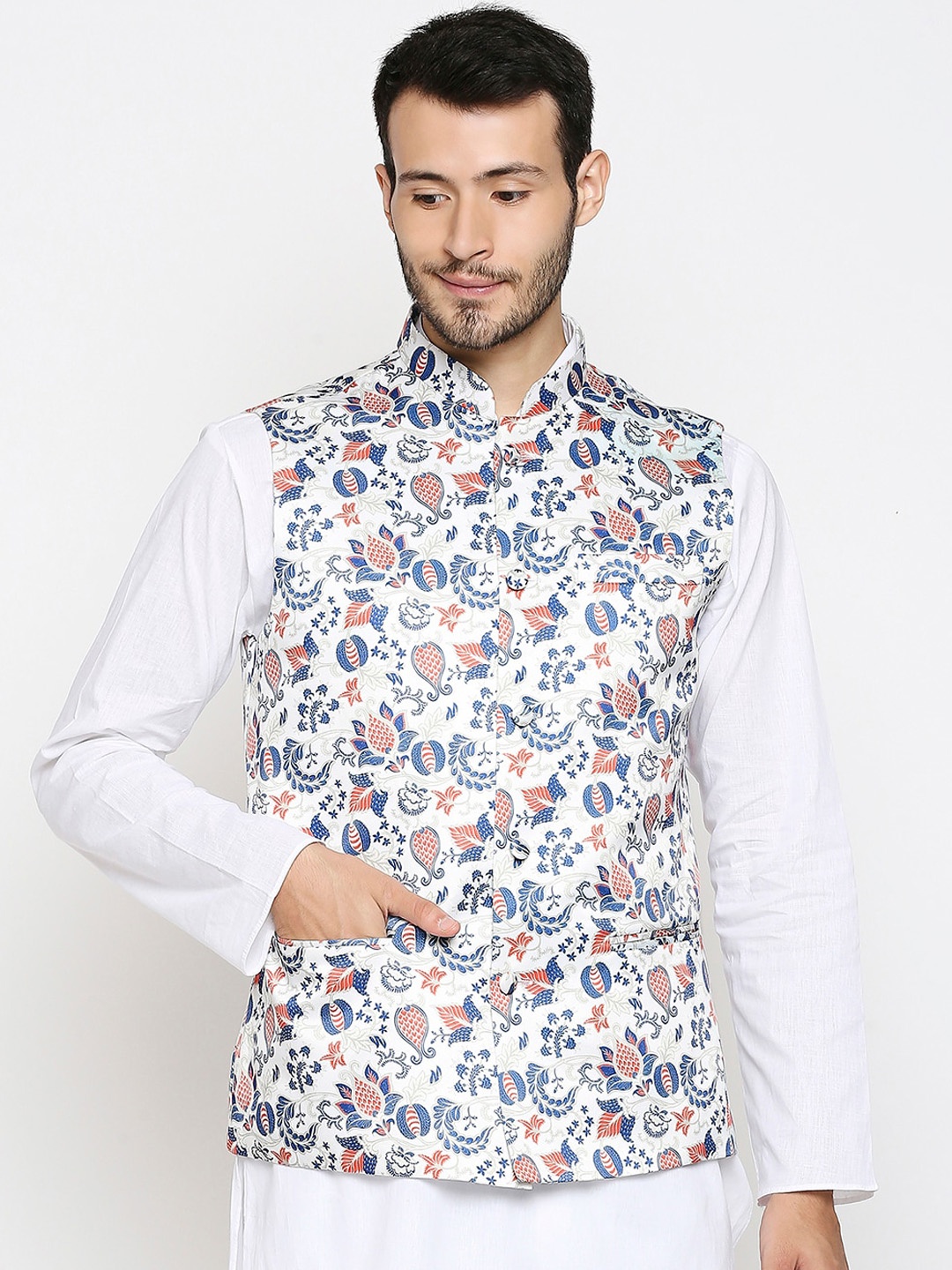 

Blacksmith Men White & Blue Printed Satin Nehru Jacket