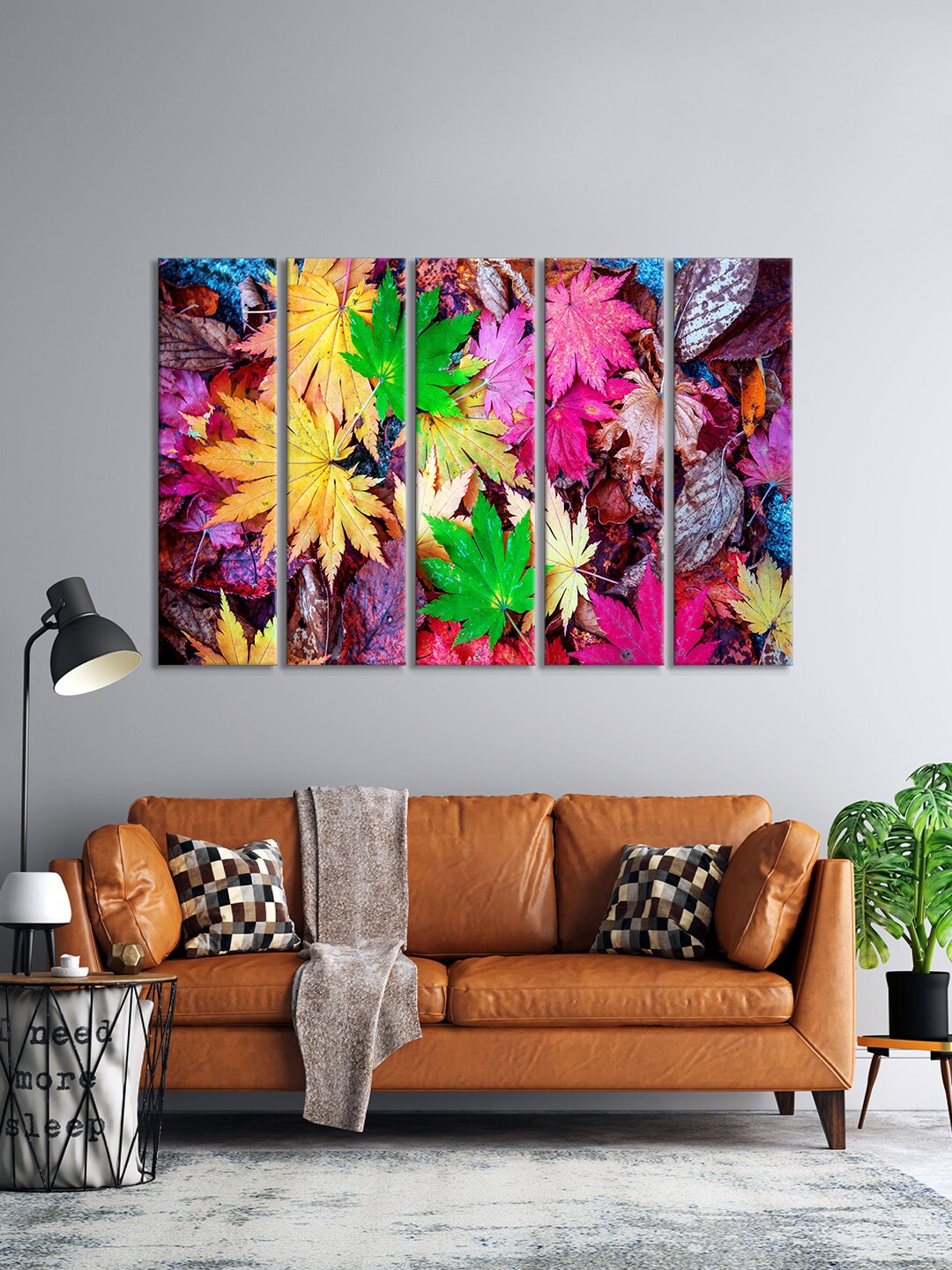 

999Store Set Of 5 Pink & Green Colourfull Leaves Foliage Wall Art Frames