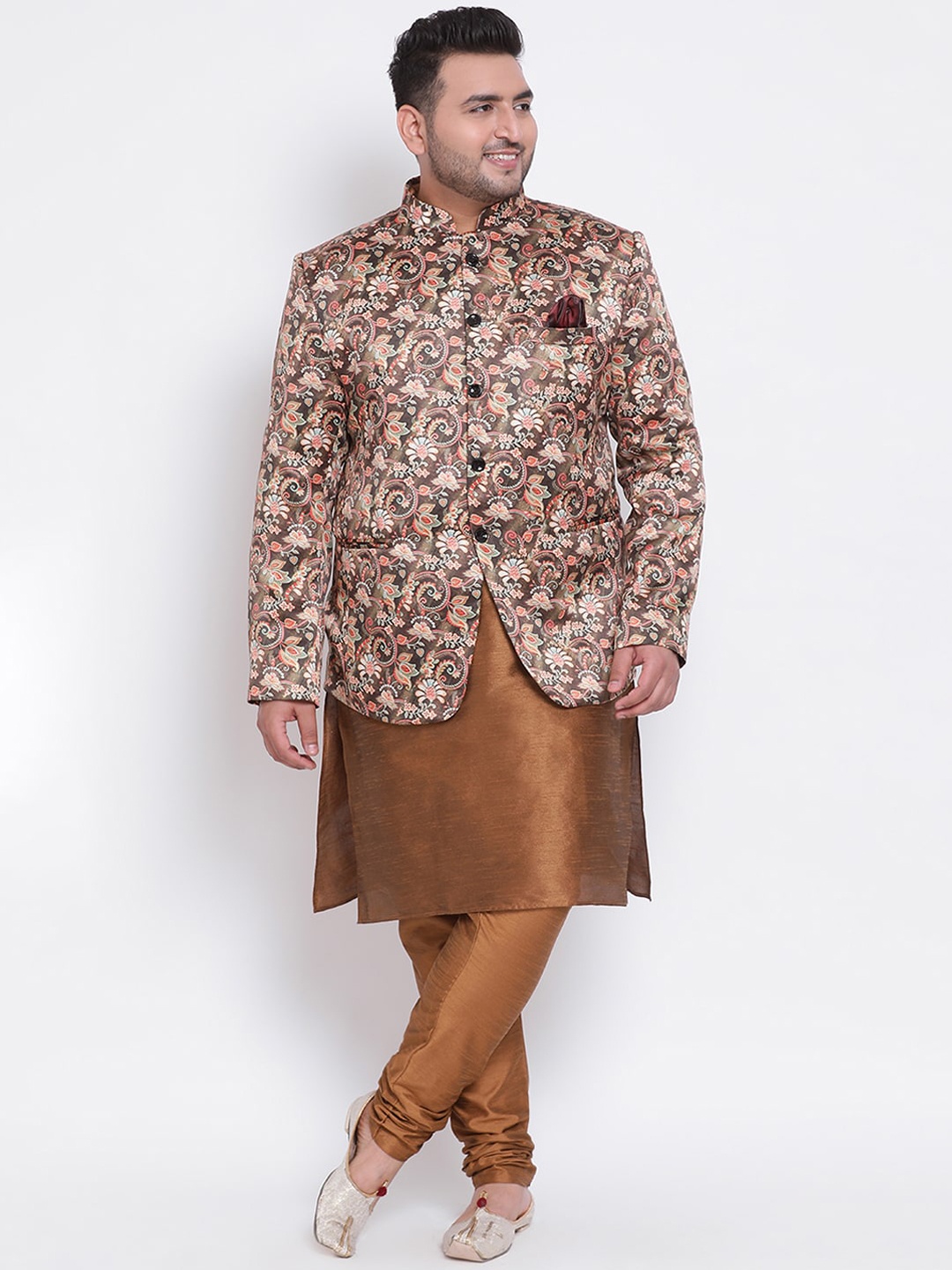 

hangup plus Men Multi Floral Layered Dupion Silk Kurta with Churidar
