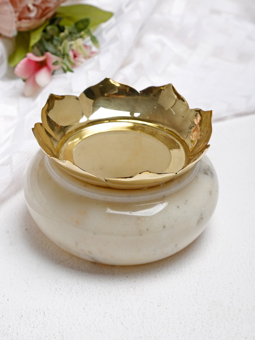 

Fabindia White & Gold-Toned Marble Brass Urli