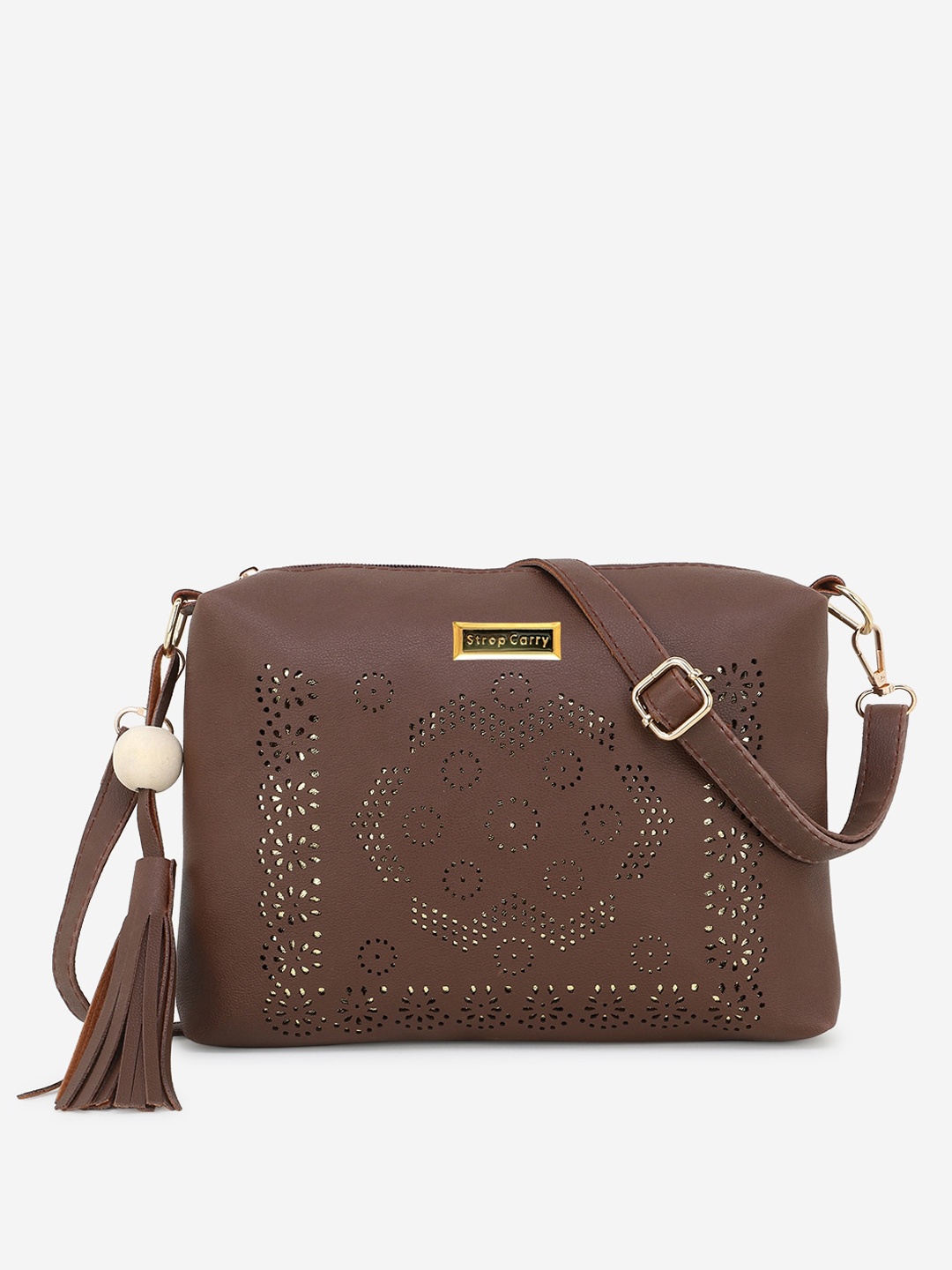 

Stropcarry Brown Textured Structured Sling Bag with Tasselled