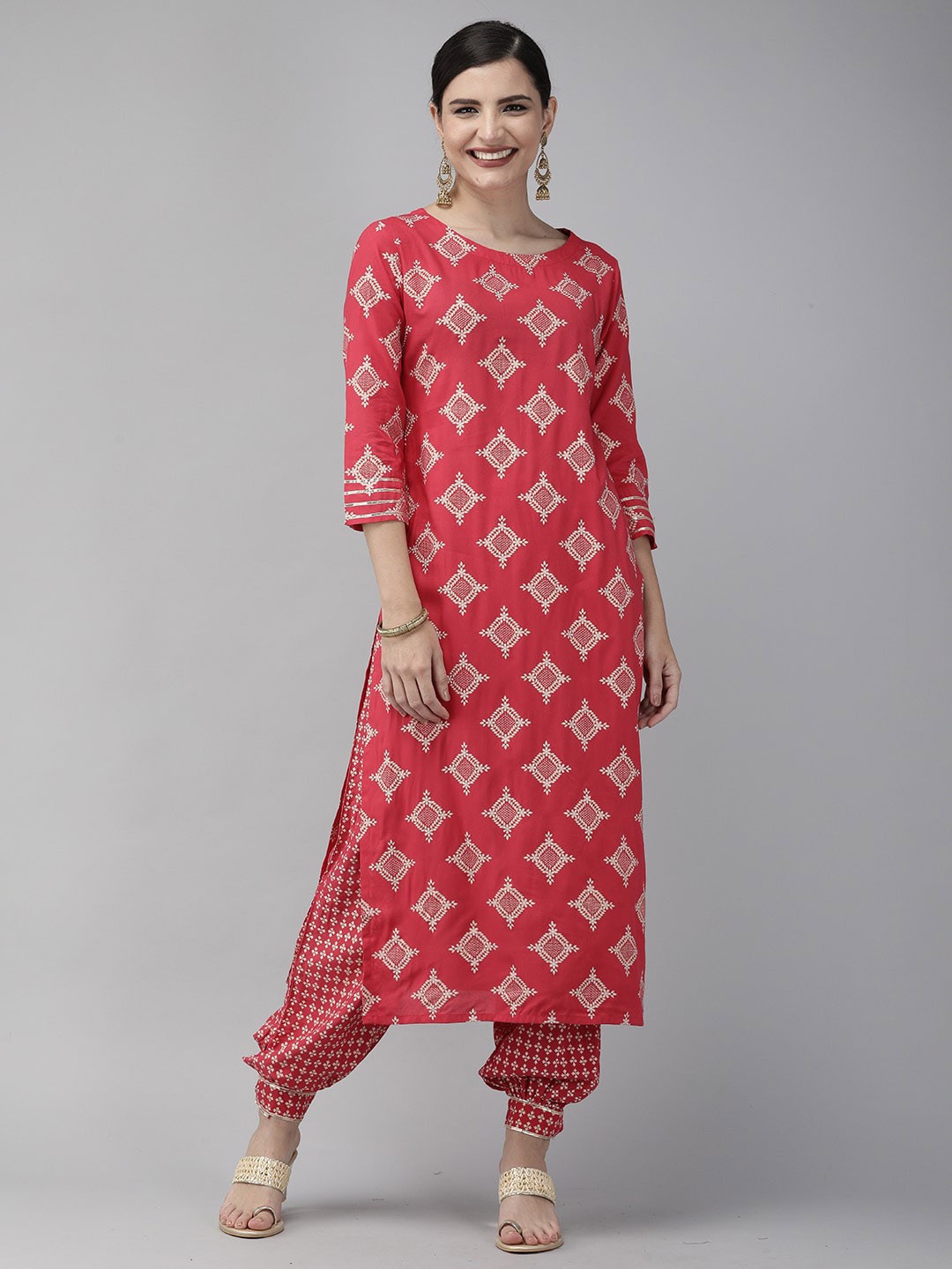 

Indo Era Women Pink Ethnic Motifs Printed Angrakha Gotta Patti Kurta with Dhoti Pants