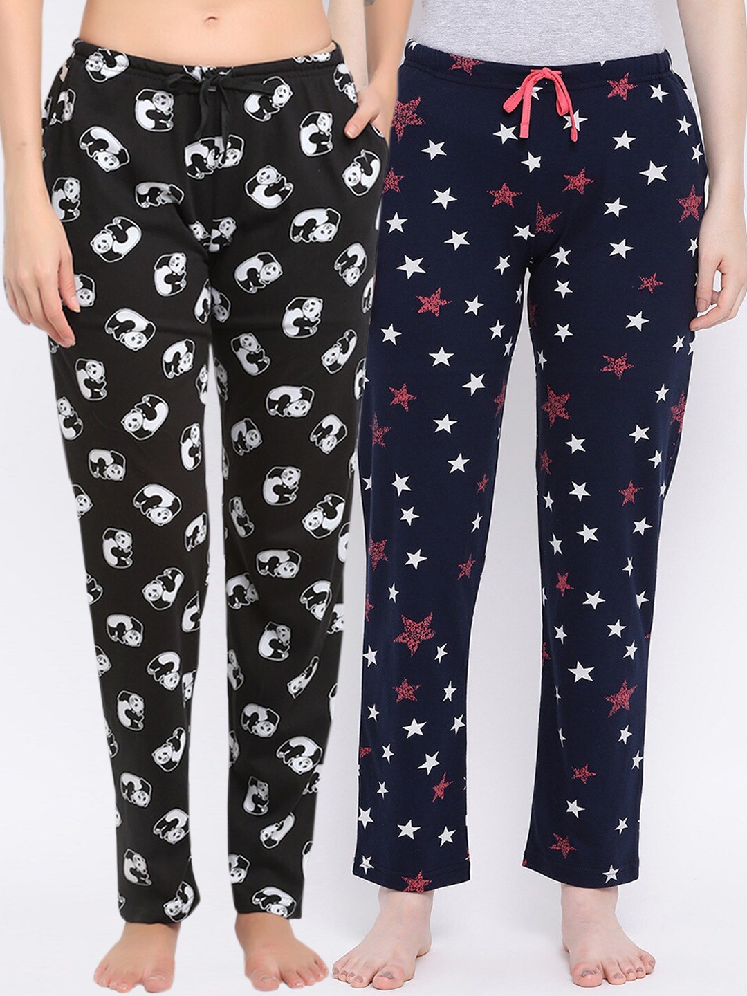 

Kanvin Women Pack Of 2 Printed Pure Cotton Lounge Pants, Black