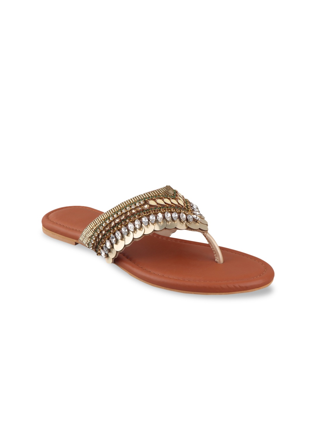 

KALTHEOS Women Gold-Toned Embellished Open Toe Flats