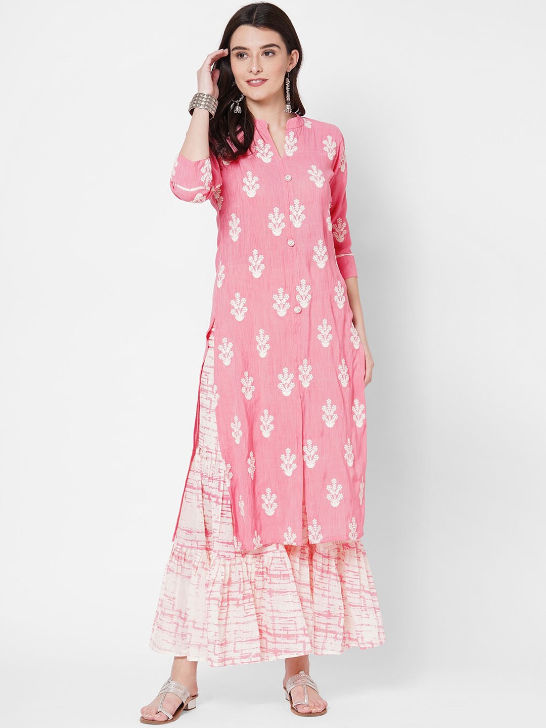 FASHOR Women Pink Ethnic Motifs Embroidered Kurta with Sharara