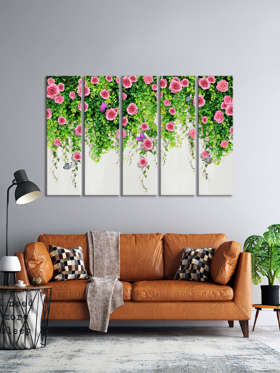 

999Store Set Of 5 Green & Pink Tree View With Rose Framed Wall Art