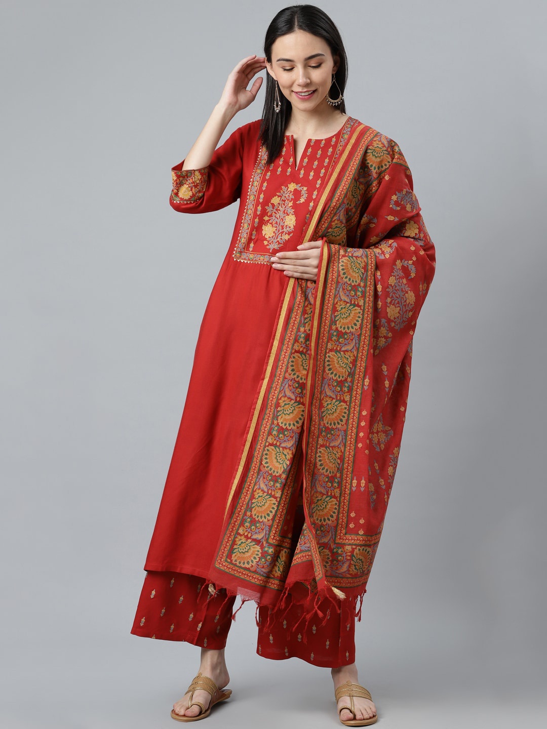 

Women Red Floral Yoke Design Kurta with Palazzos & With Dupatta