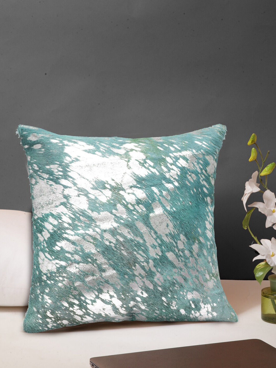 

IMUR Blue & Silver-Toned Foil Leather Square Cushion Cover
