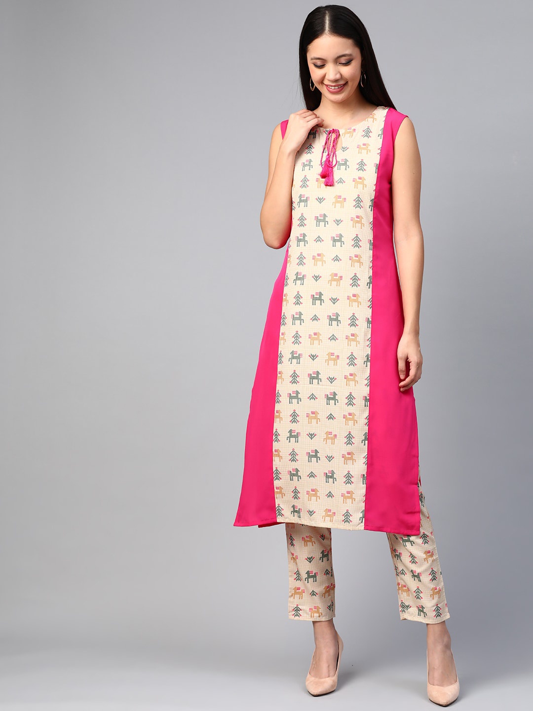 

ZIYAA Women Pink & Beige Ethnic Motifs Printed Crepe Kurta