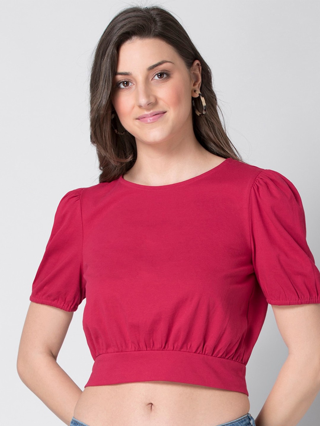 

FabAlley Women Red Solid Blouson Crop Top