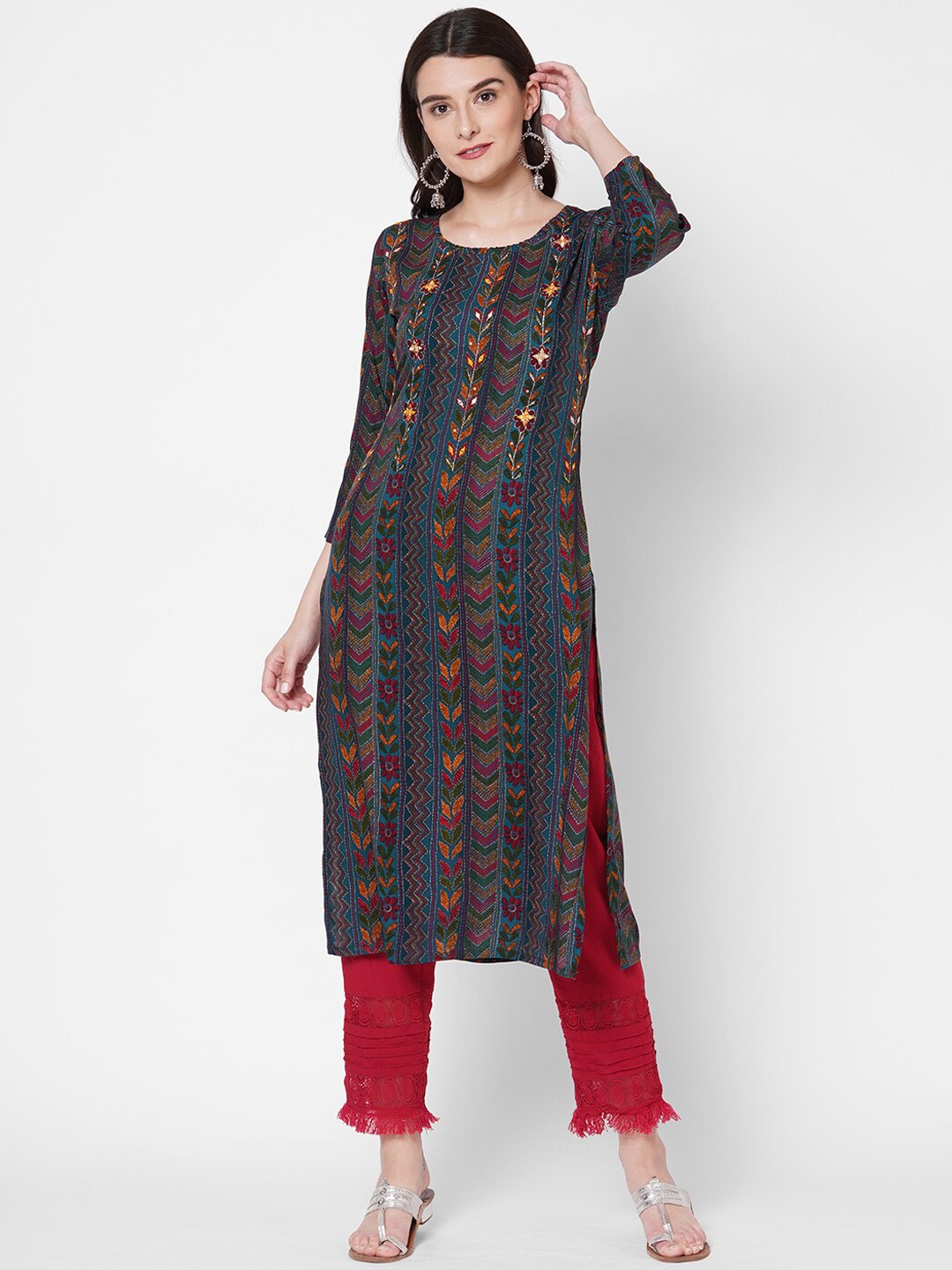 

FASHOR Women Blue Printed & Hand Embroidered Straight Kurta