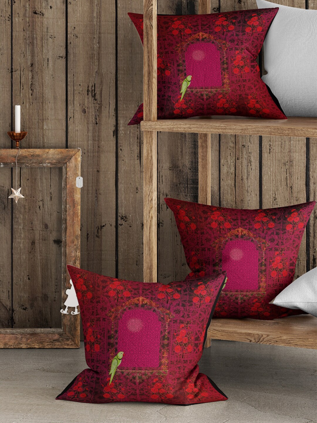 

BIANCA Red & Magenta Set of 3 Ethnic Motifs Square Cushion Covers