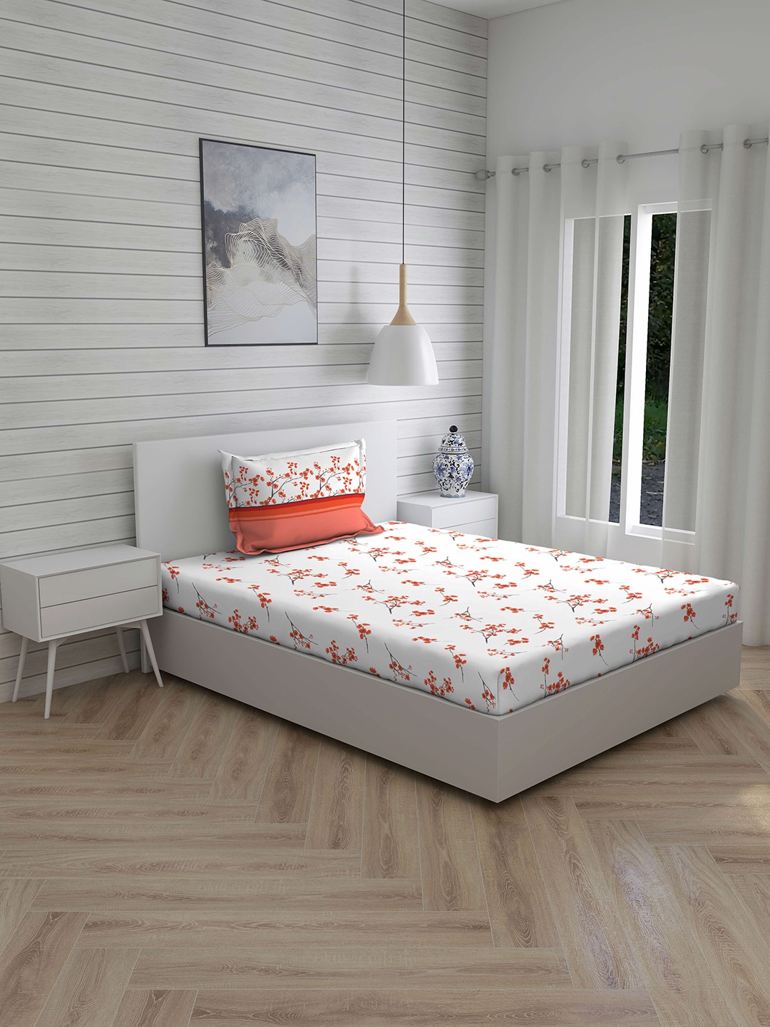 

Layers White & Orange Floral 144 TC Single Bedsheet with 1 Pillow Covers