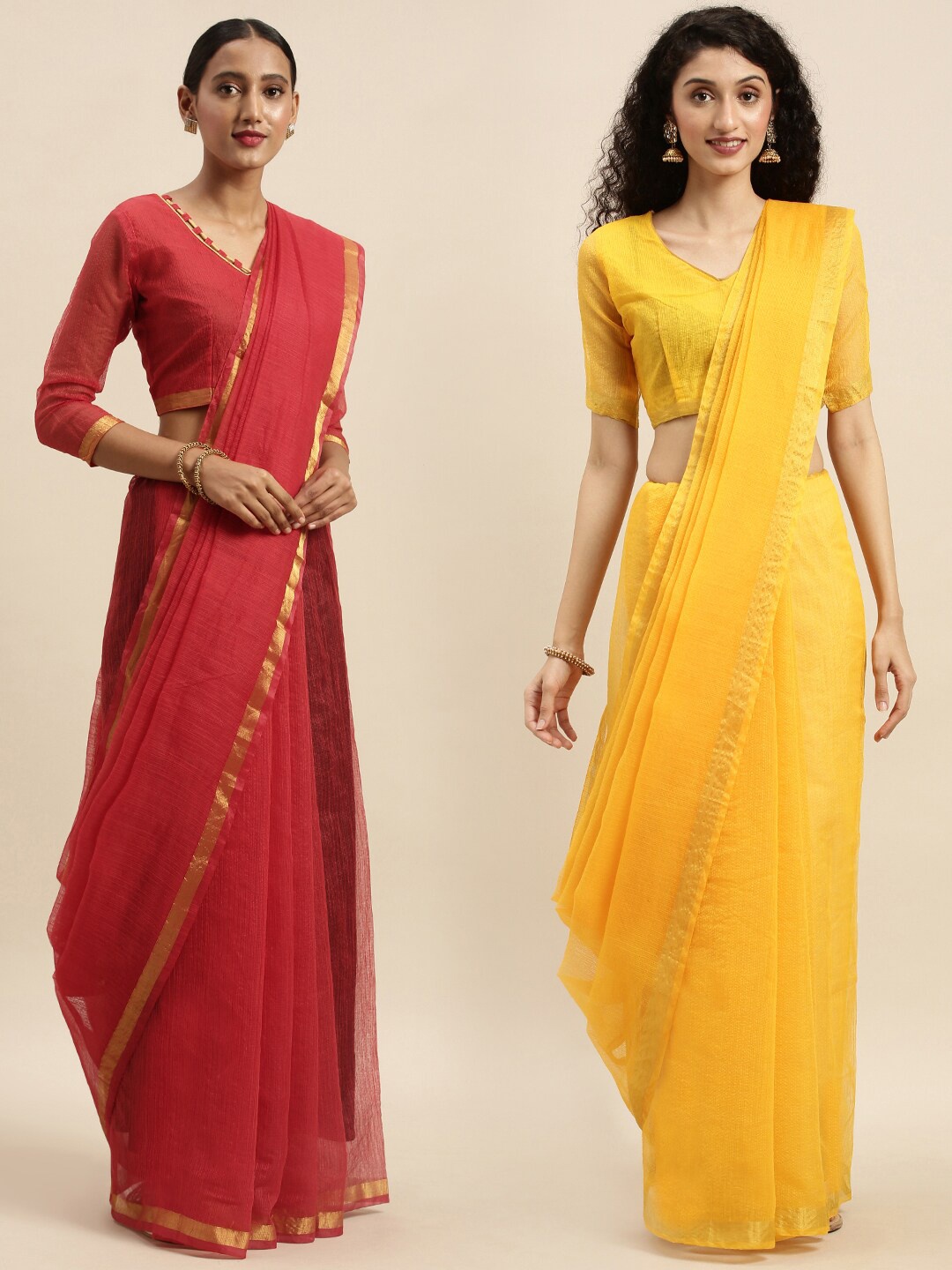 

KALINI Red & Yellow Pack Of 2 Art Silk Saree