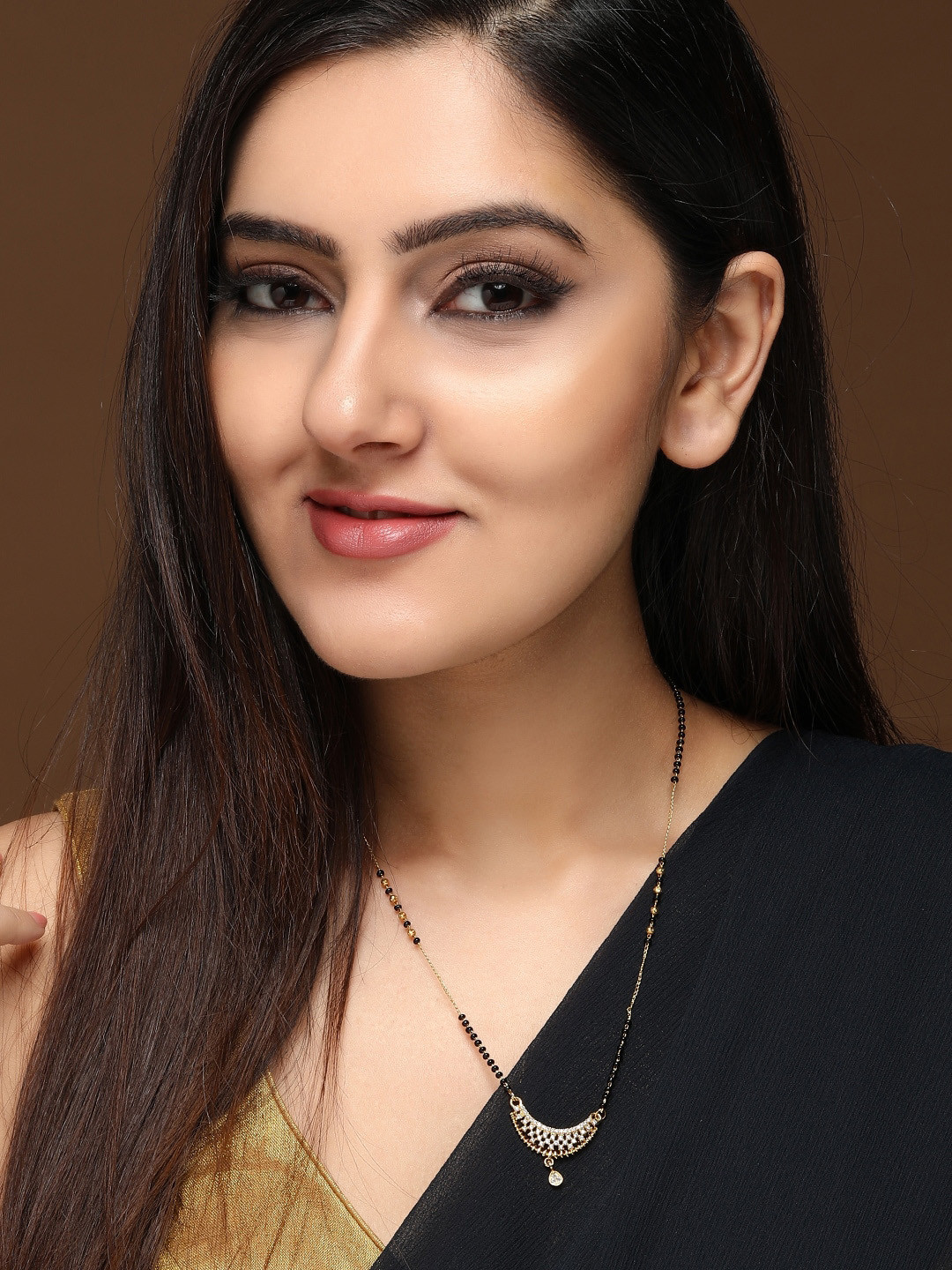 

Rubans Women Gold-Plated & Black Beaded CZ-Studded Handcrafted Mangalsutra