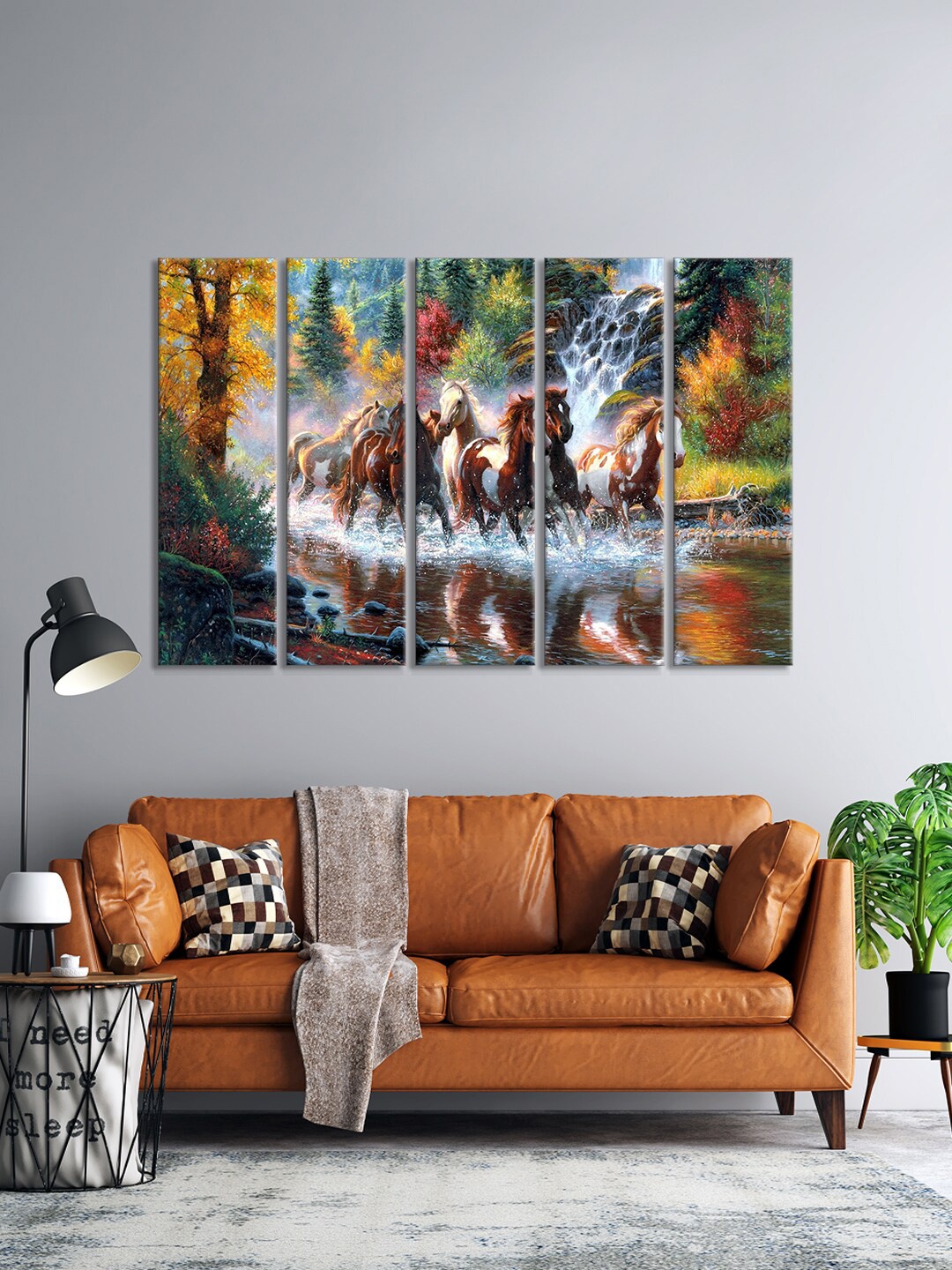 

999Store Set Of 5 Green & Brown The Running Horses In A River Framed Wall Art