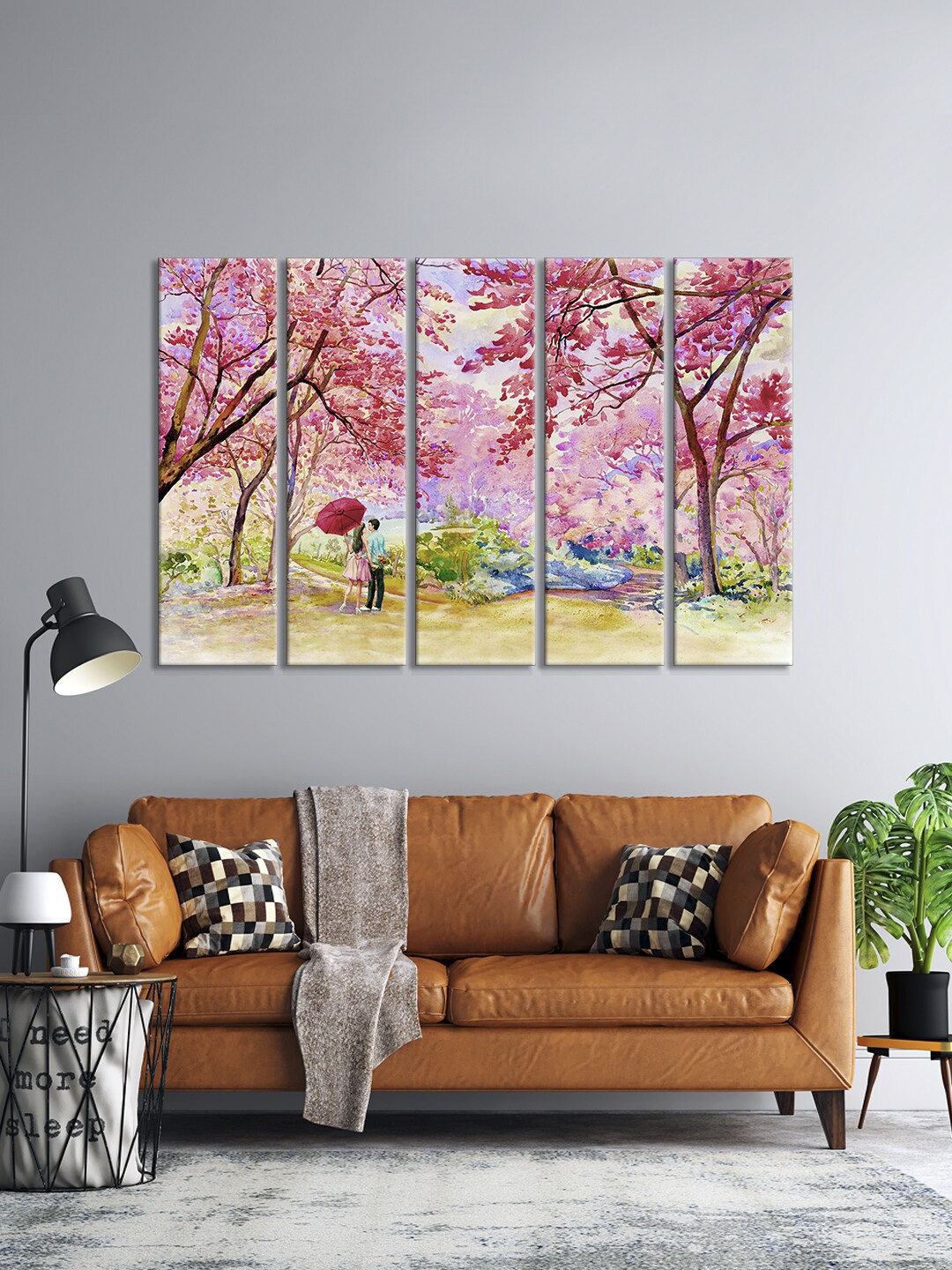 

999Store Set Of 5 Pink & Green Tree With River Female And Male Wall Art Frames