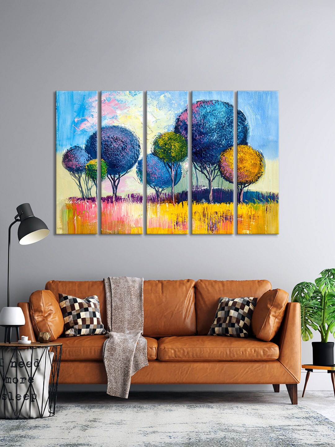

999Store Set Of 5 Blue & Yellow Colorfull Trees Landscape Wall Art Frames