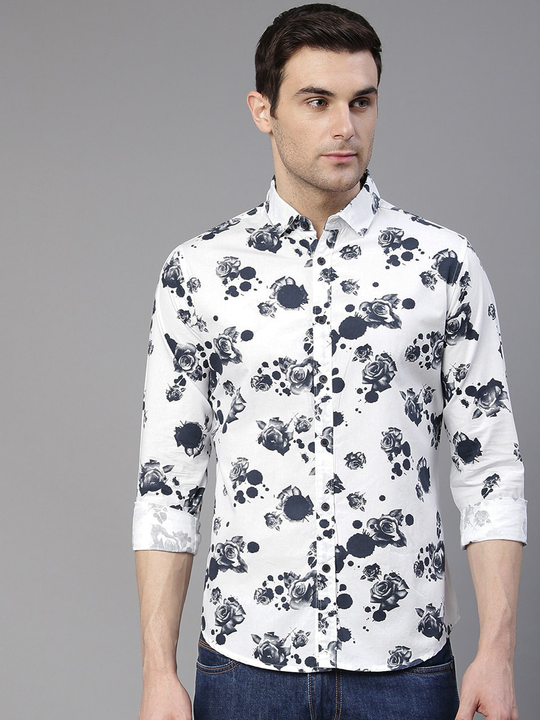 

Dennis Lingo Men White Slim Fit Floral Printed Casual Shirt