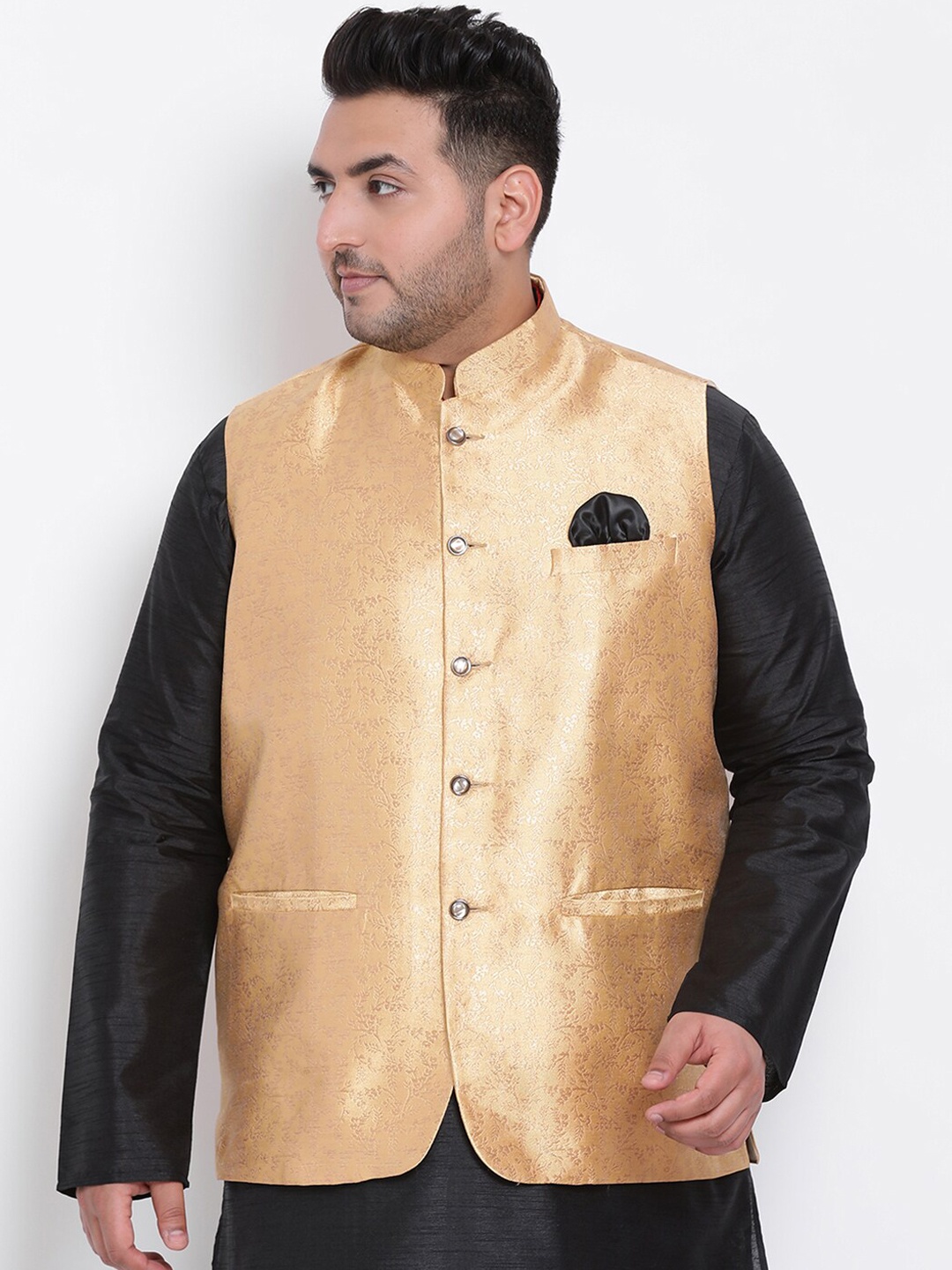 

Hangup Men Gold-Colored Woven Design Nehru Jacket