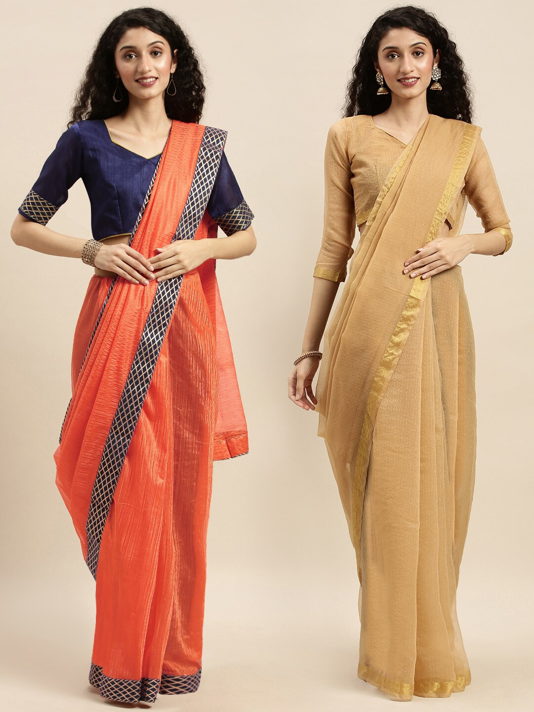 

KALINI Pack Of 2 Orange & Mustard Yellow Art Silk Sarees