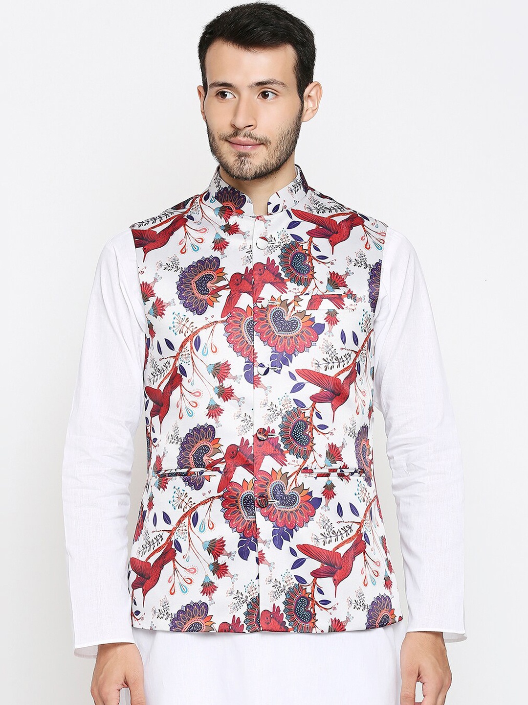 

Blacksmith Men White & Red Paisley Printed Satin Nehru Jacket