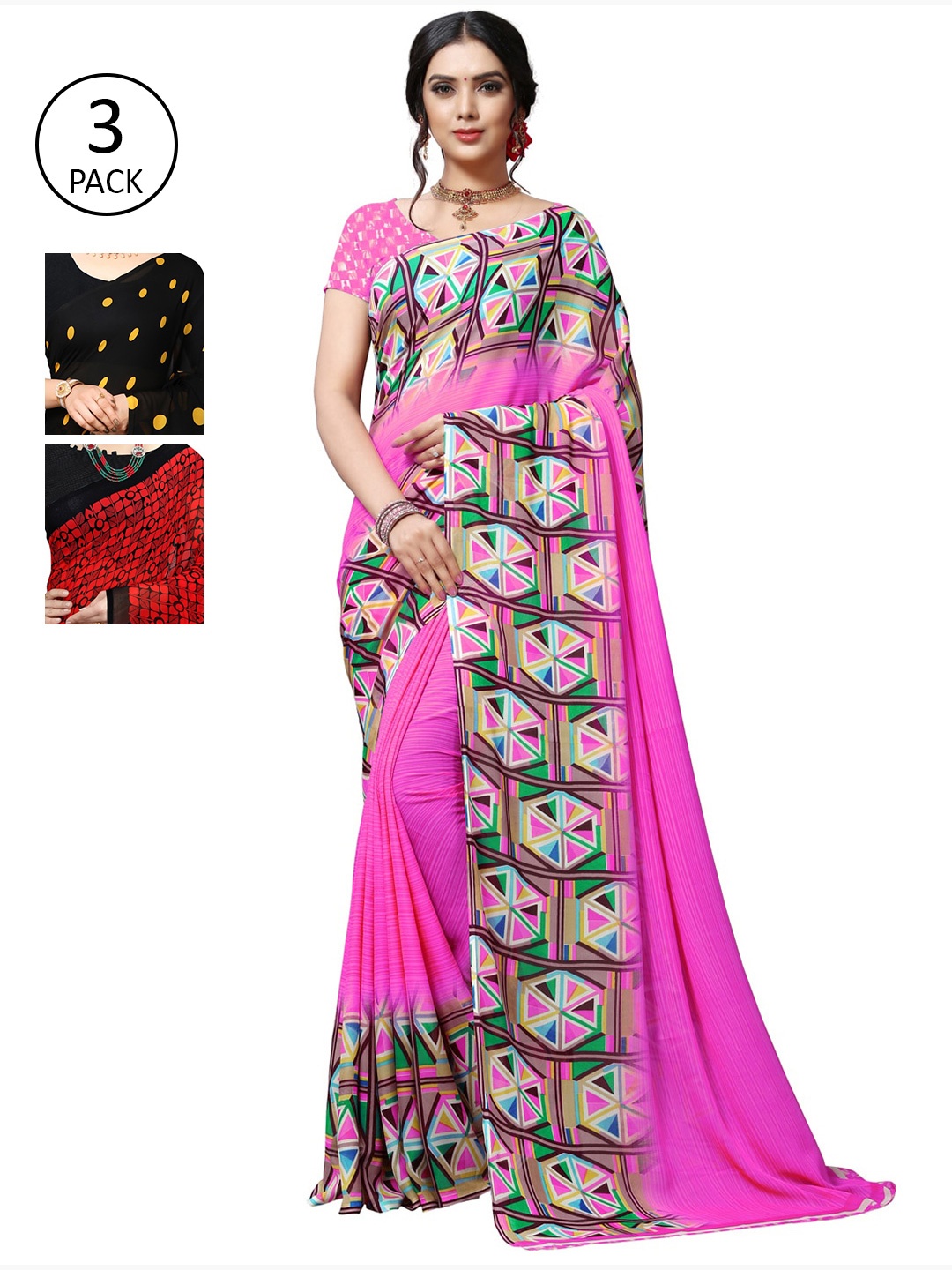 

KALINI Multicoloured Pack of 3 Poly Georgette Saree, Multi